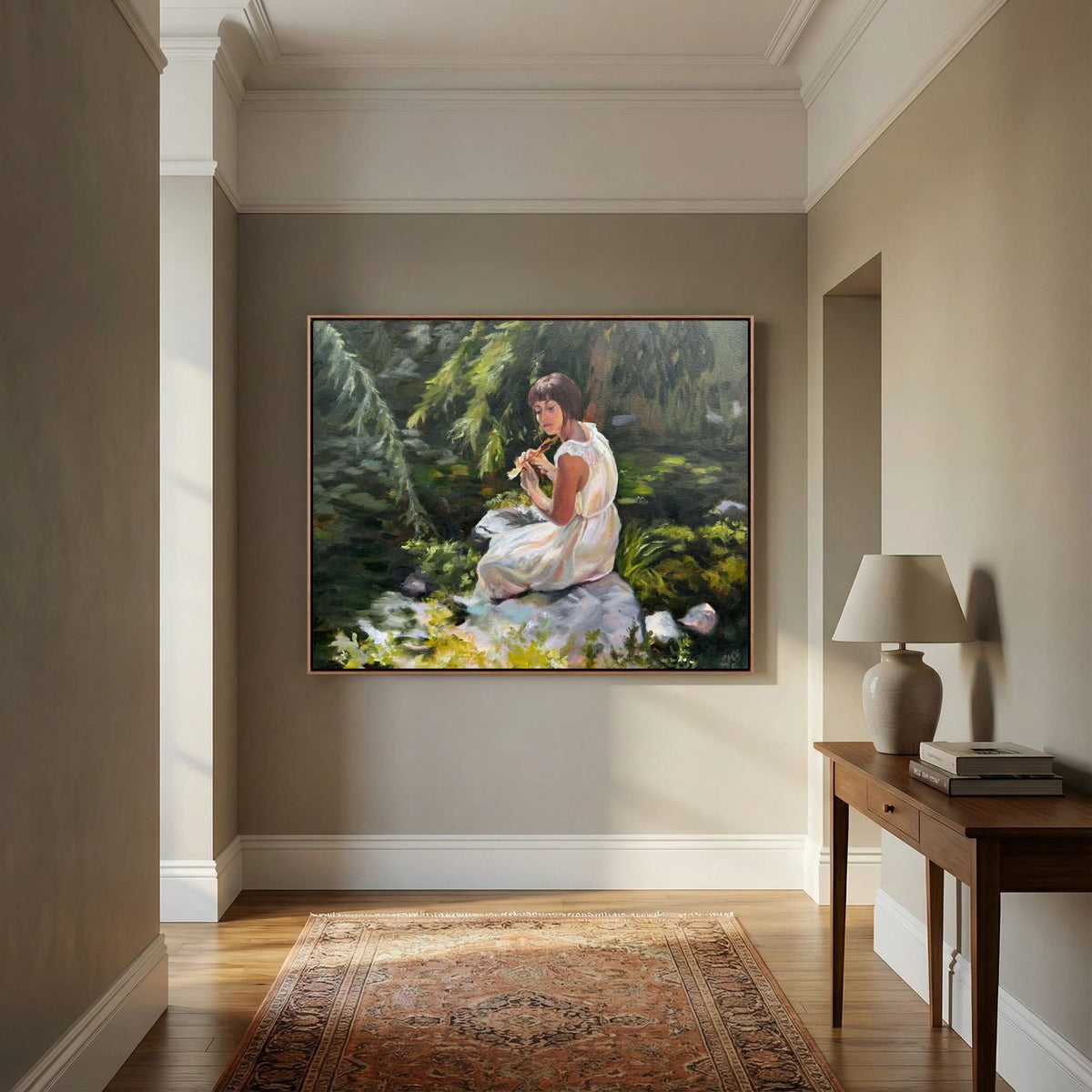 Stillness Among the Leaves canvas print by Lorraine Field, showing a woman seated among woodland greenery, displayed in a neutral hallway.