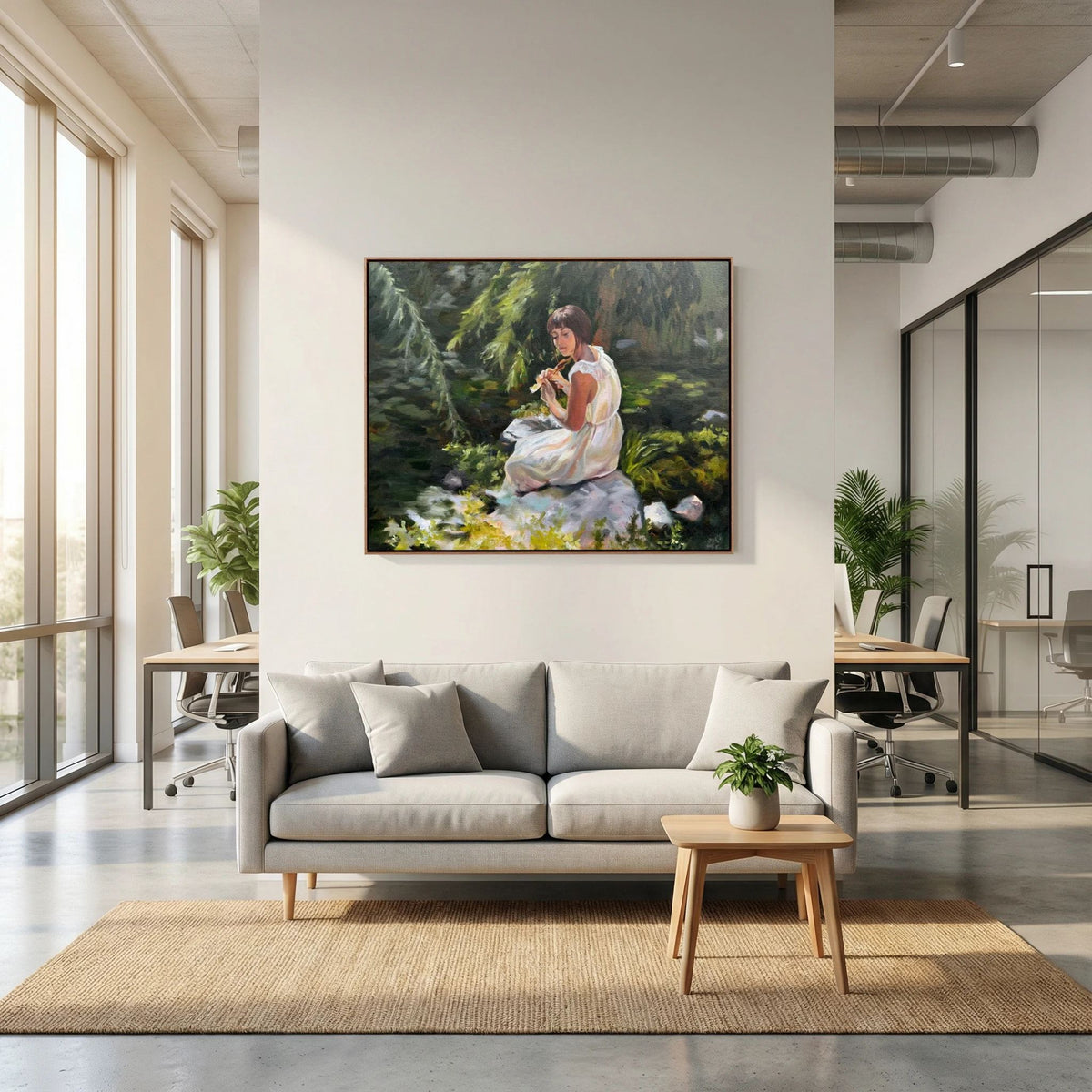 Stillness Among the Leaves canvas print displayed above a pale sofa in a bright living room with a wooden coffee table.