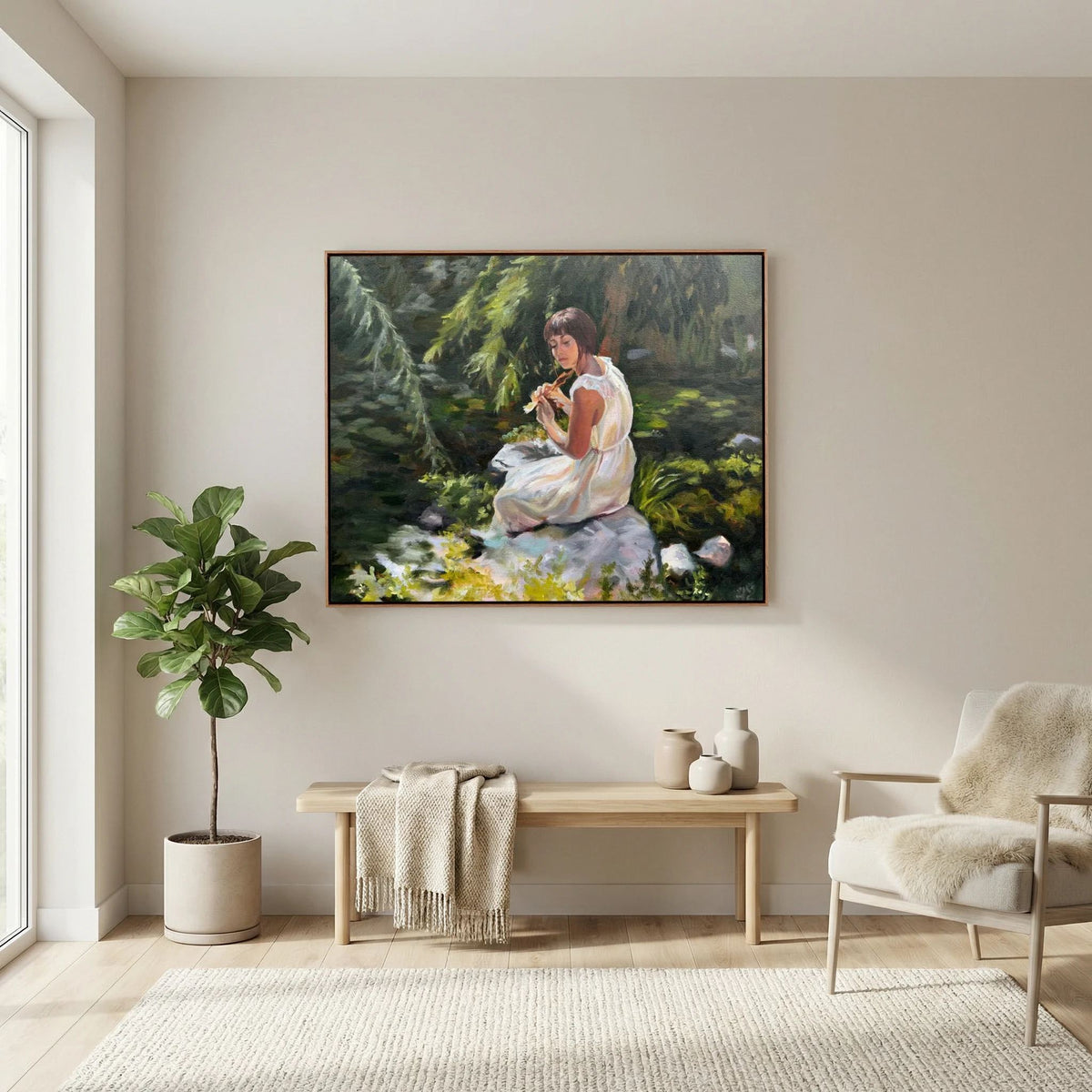 Stillness Among the Leaves canvas print displayed above a wooden bench beside an armchair and a potted plant.