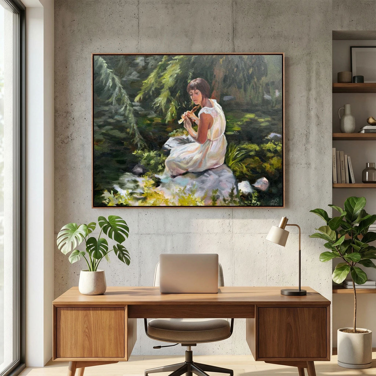 Stillness Among the Leaves woodland canvas print displayed above a wooden desk in a home office.