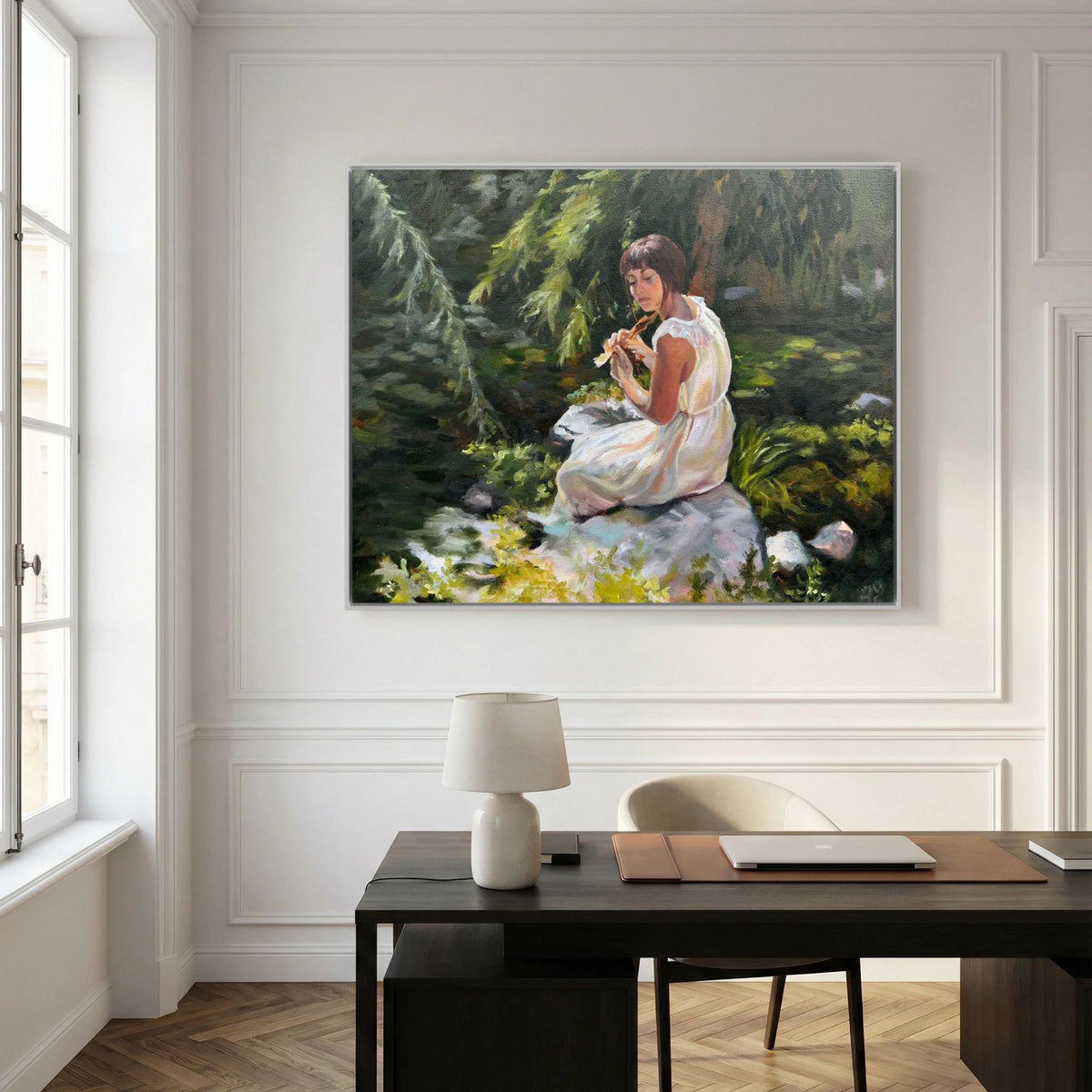 Stillness Among the Leaves cfoliage, displayed above a dark desk in a bright study.anvas print of a woman among green 
