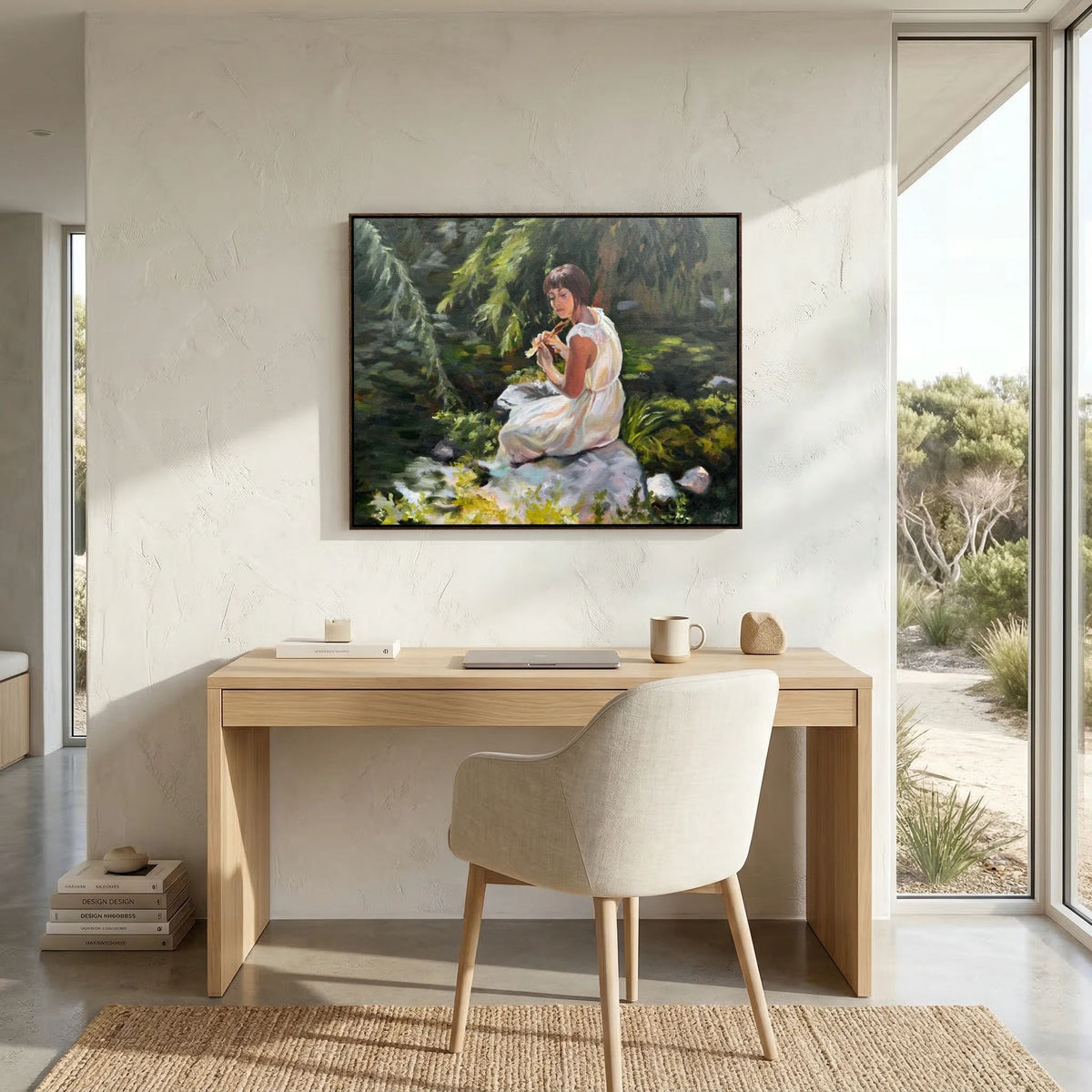 Stillness Among the Leaves canvas print displayed above a wooden desk beside a large window overlooking greenery.