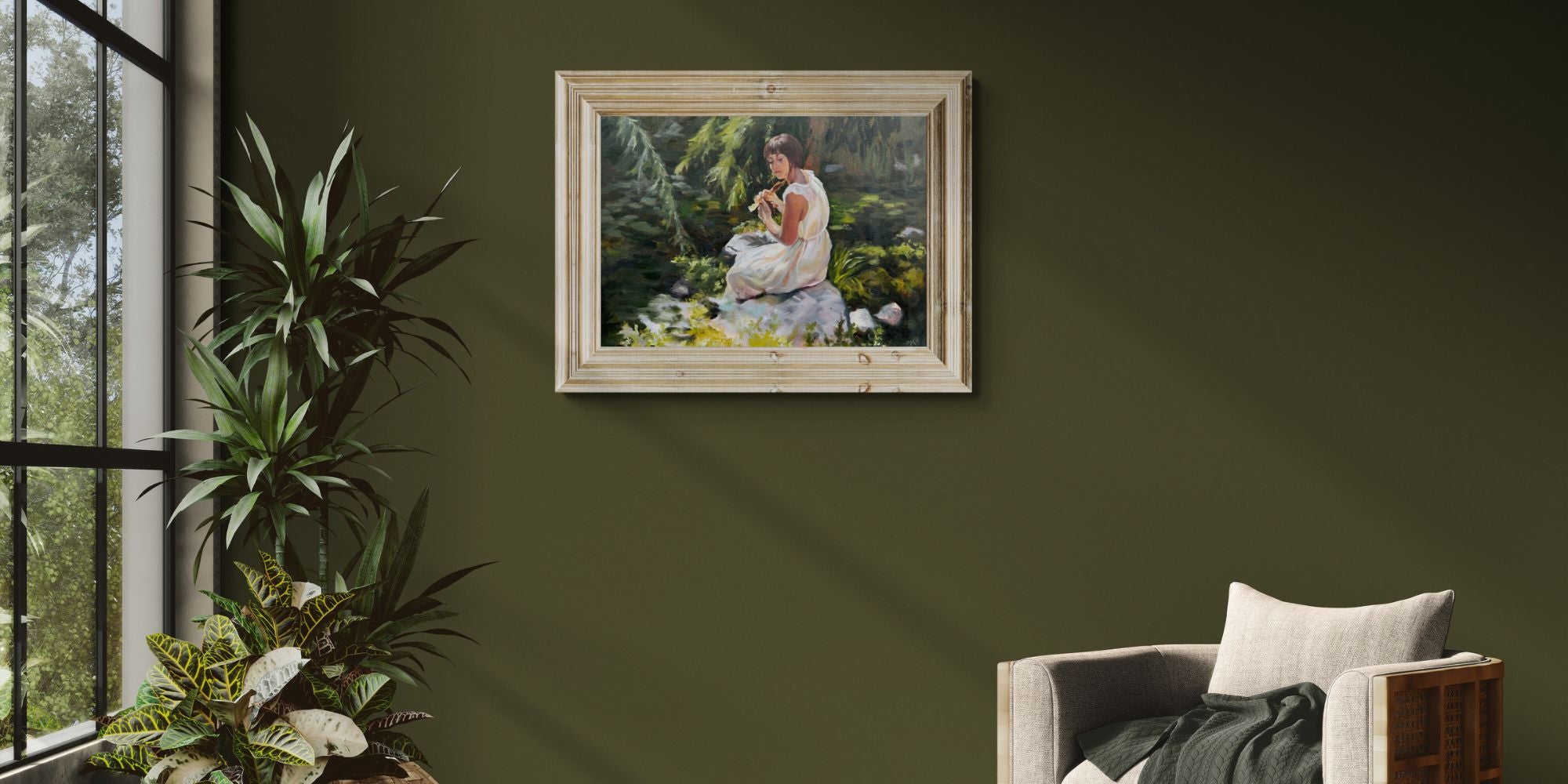 Framed oil painting ‘Stillness Among the Leaves’ by Lorraine Field hanging on a green wall in a cosy living room
