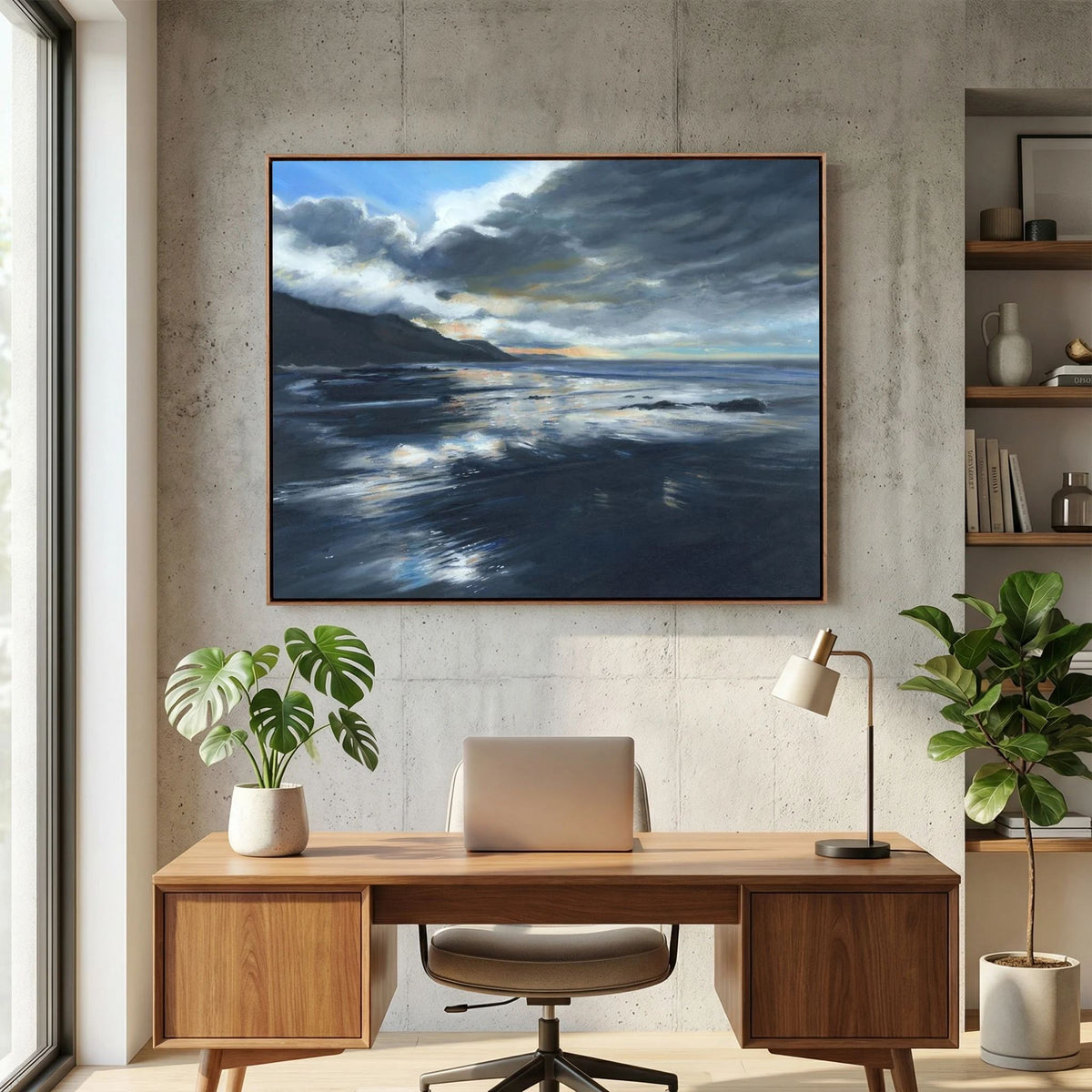 Stormy Seas canvas print above a wooden console table against a marble panelled wall.