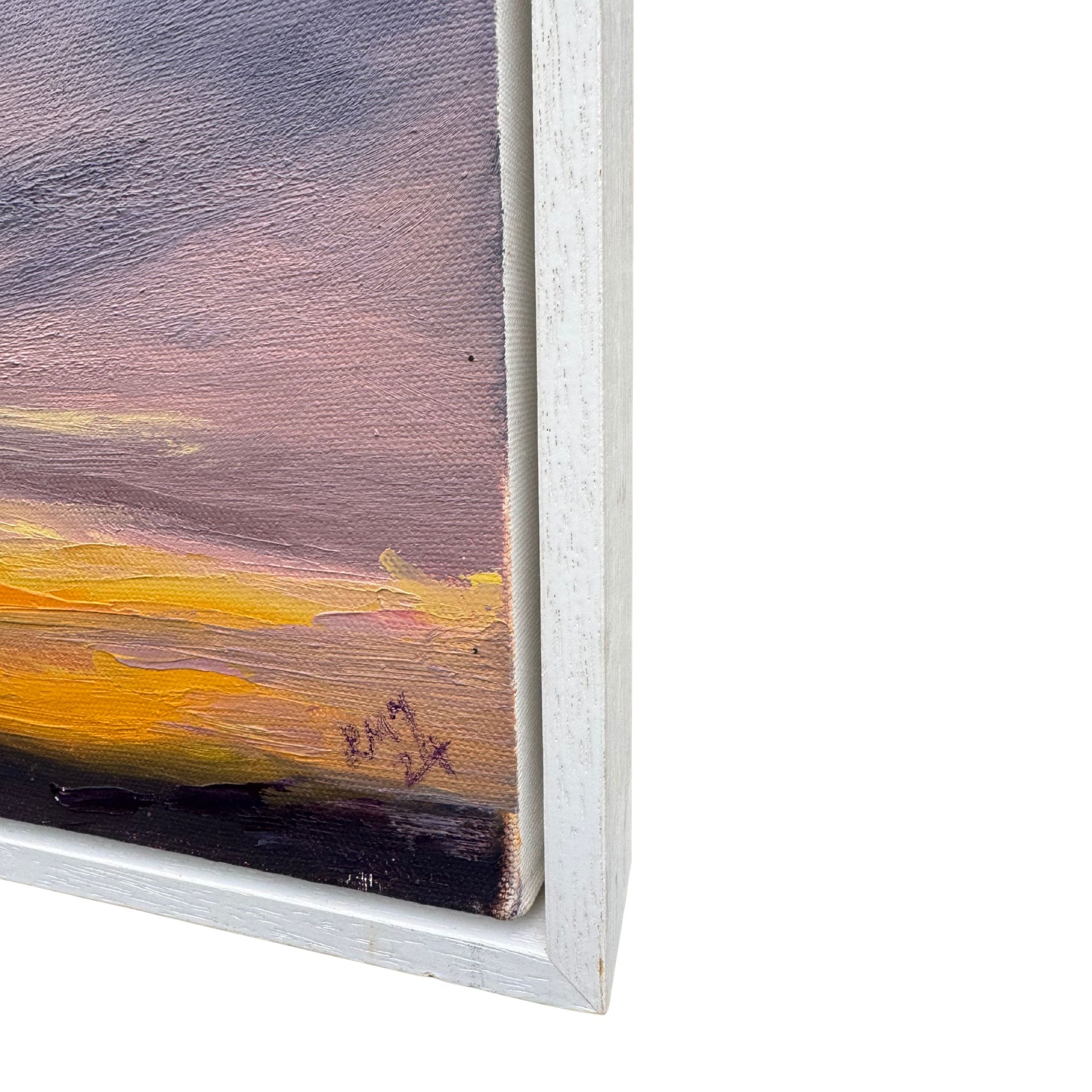 Detailed corner view showing frame finish and canvas texture on original Cornwall sunrise painting.