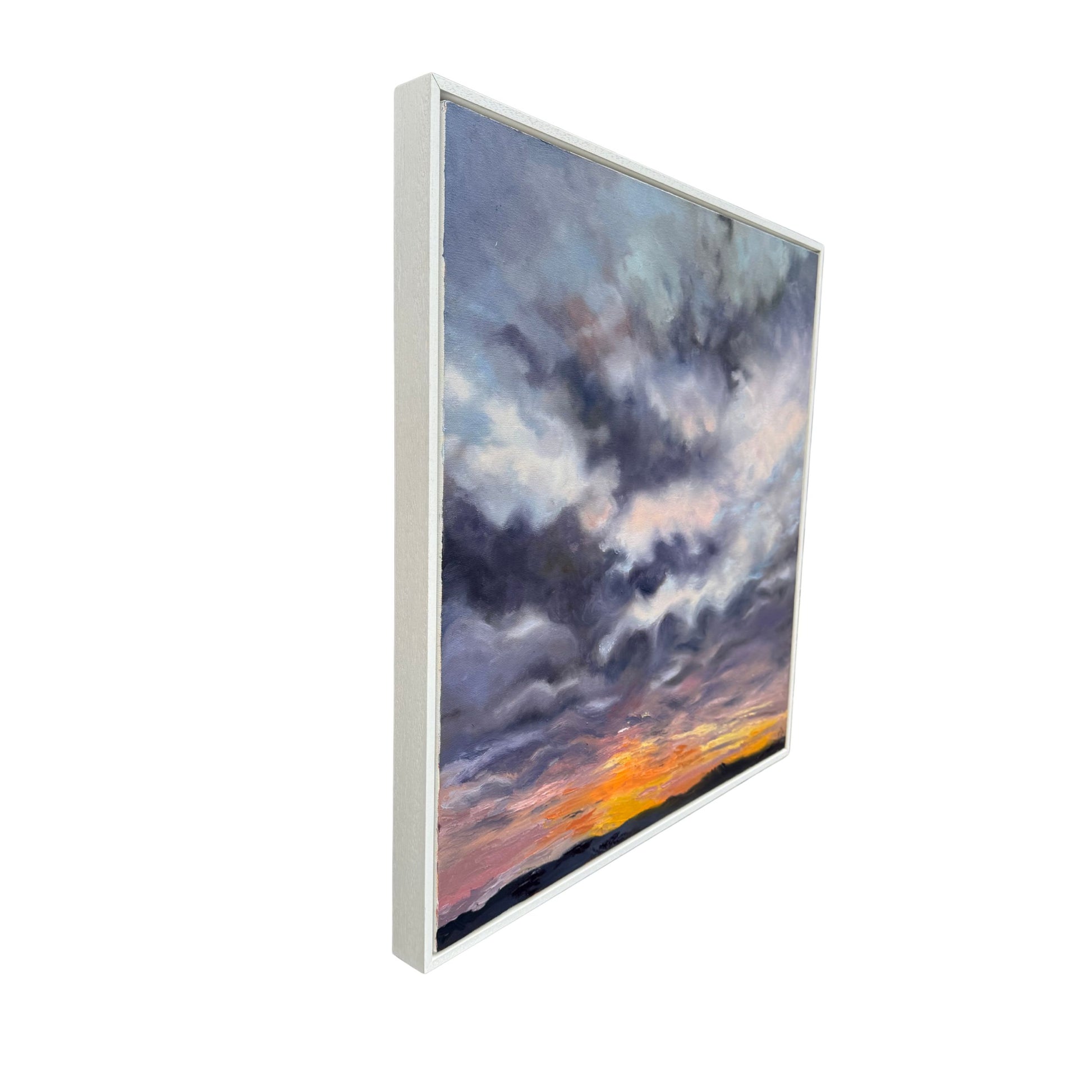 Side profile of framed Cornwall sunrise seascape painting showing canvas depth.