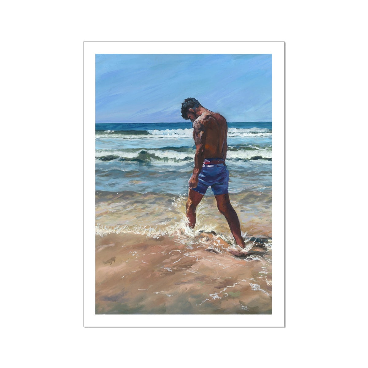 Emotional Cornwall coastal print of a solitary man walking through surf beneath open skies. Figurative beach artwork exploring love, longing, and possibility.