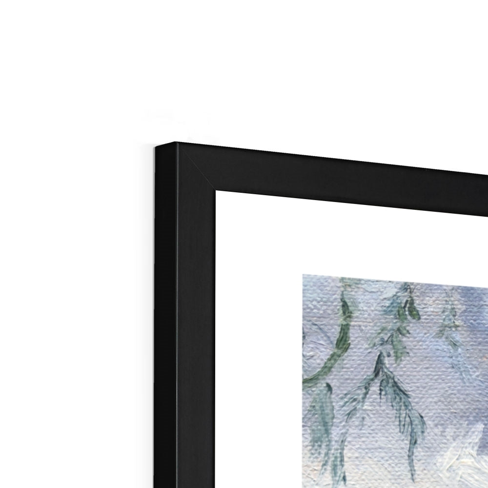 Close-up of black frame corner on Swans in Stratford fine art print, showing premium craftsmanship and clean modern finish.