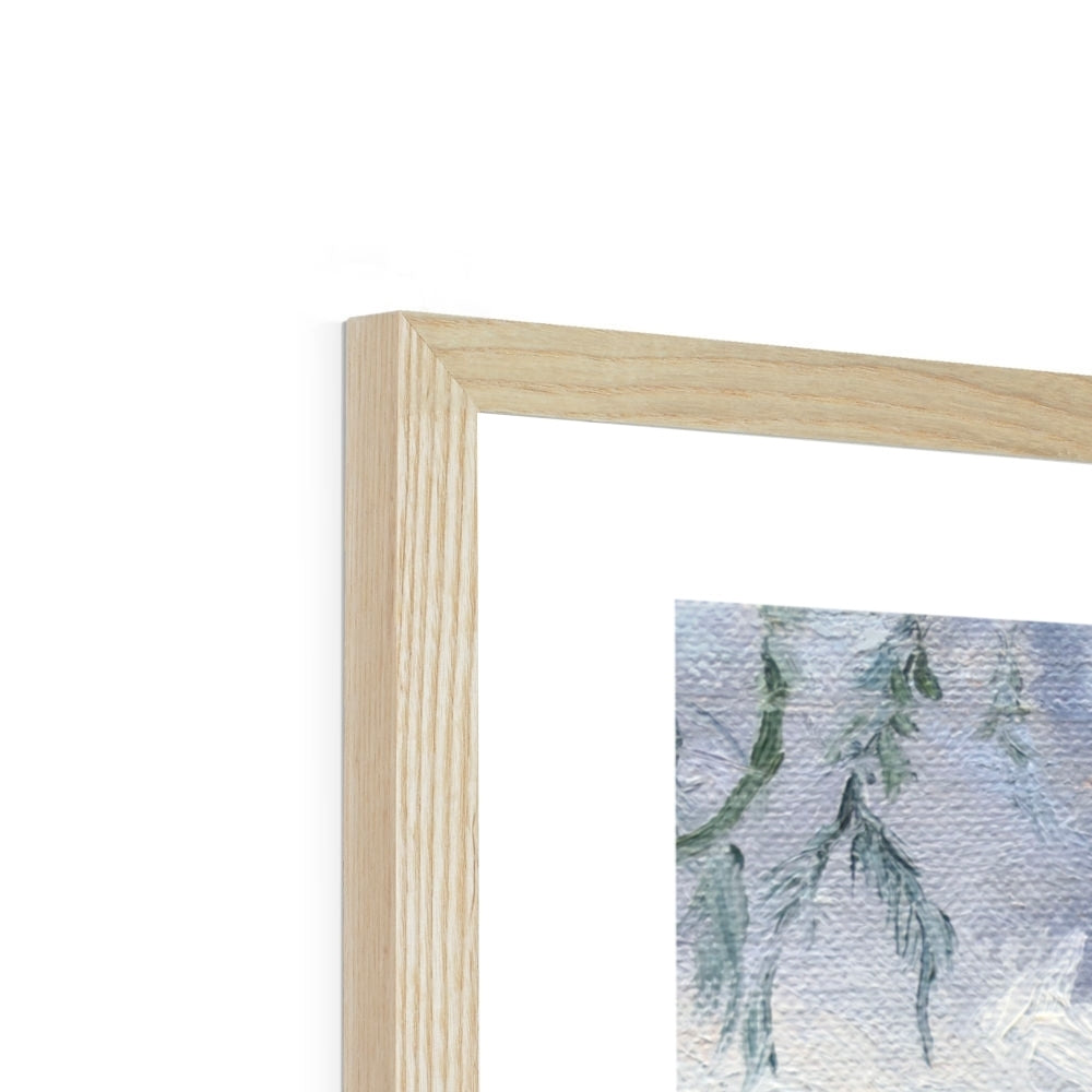 Close-up of natural wood frame corner on Swans in Stratford fine art print, showing warm organic texture and fine detail.