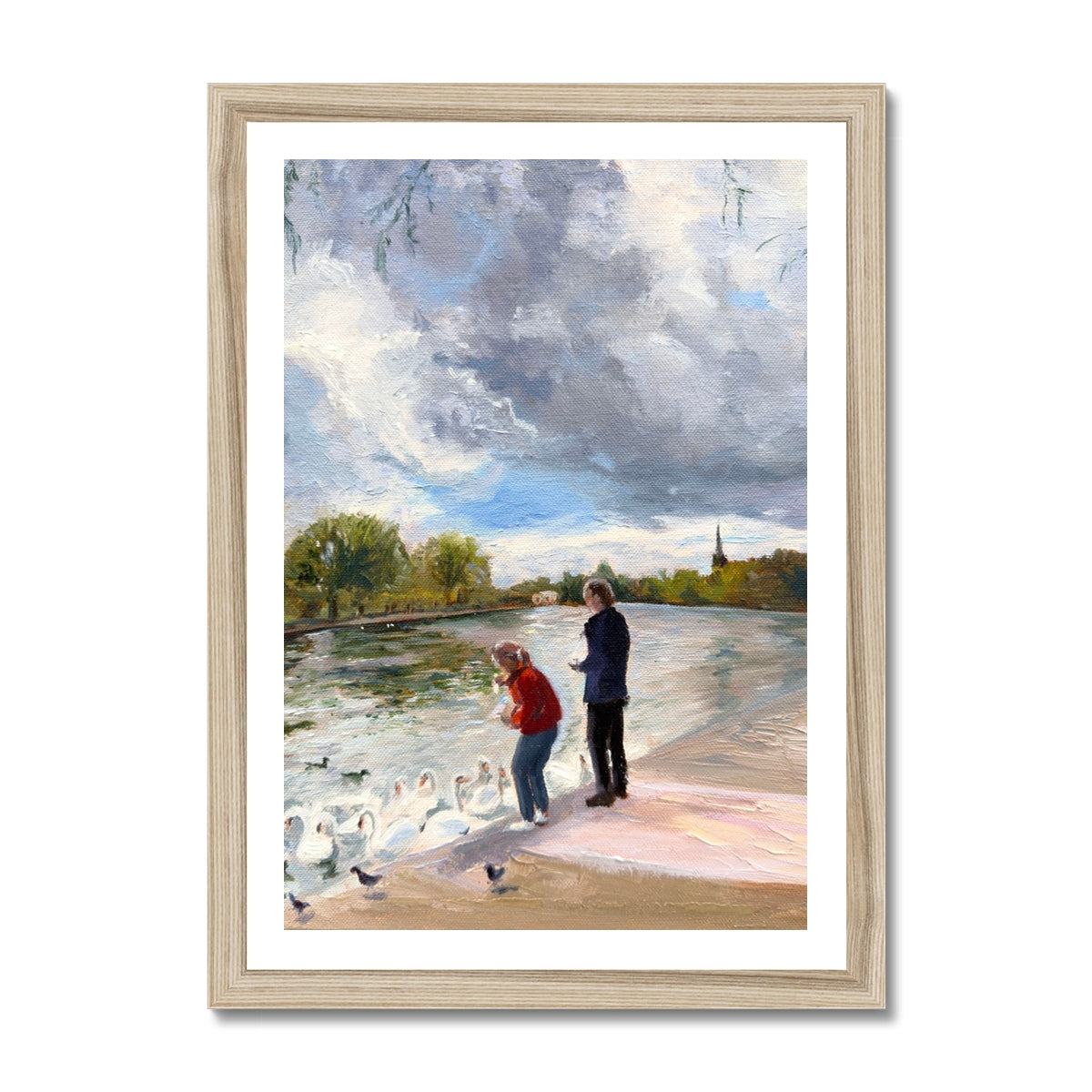 Swans in Stratford fine art print in warm natural wood frame, capturing a nostalgic riverside scene along the River Avon.