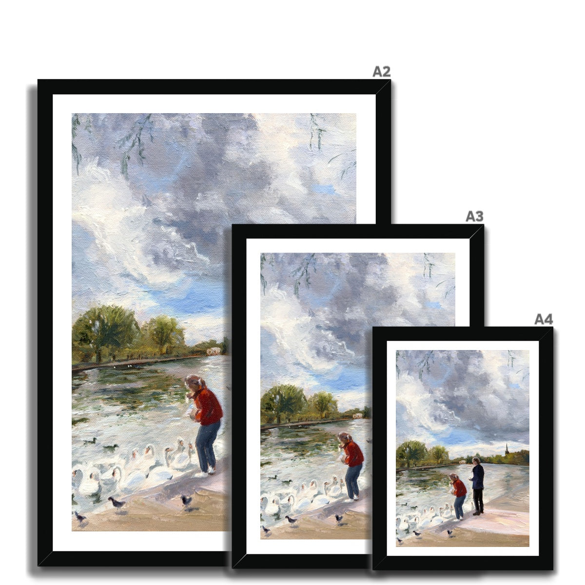 Swans in Stratford fine art print shown in multiple size options from small to large, suitable for living rooms, studies, and hallways.