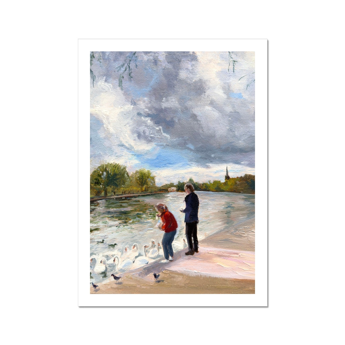 Unframed Swans in Stratford fine art print featuring figures feeding swans beside the River Avon in Stratford-upon-Avon.