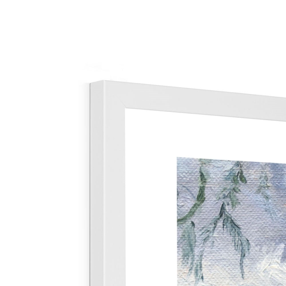 Close-up of white frame corner on Swans in Stratford fine art print, highlighting crisp detailing and elegant finish.