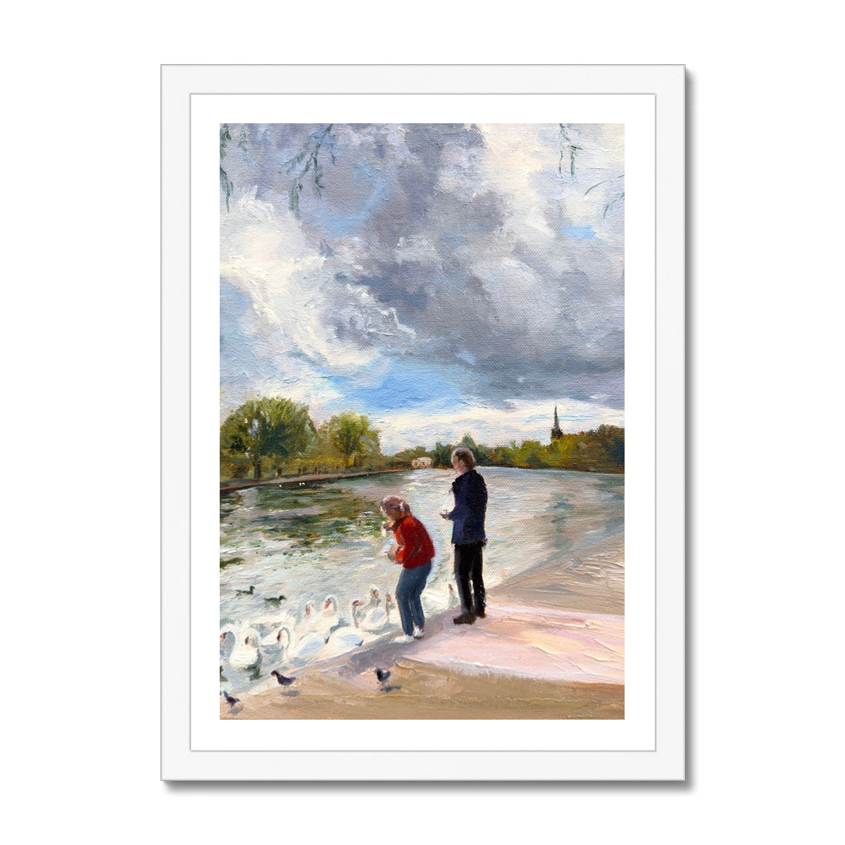 Swans in Stratford fine art print in crisp white frame, inspired by peaceful riverside moments in Stratford-upon-Avon.