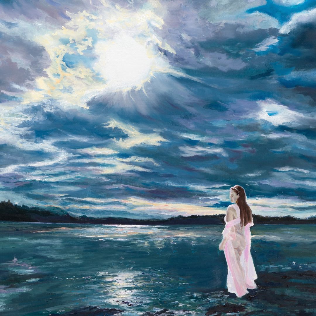Close-up detail of The Power of Mother Nature, an original figurative seascape oil painting by British artist Lorraine Field, showing expressive brushstrokes, dramatic skies and a lone female figure.
