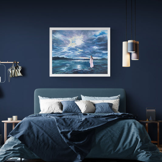 Original feminine seascape oil painting with dramatic skies and ethereal female figure by Lorraine Field.