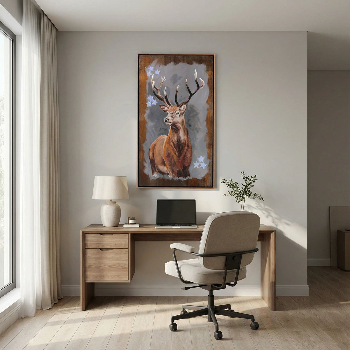 The Stag canvas print displayed above a desk in a contemporary home office