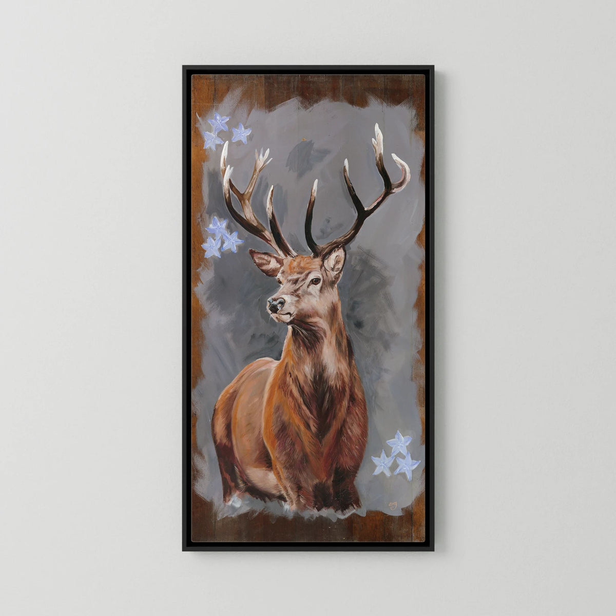 The Stag red deer canvas print shown in a black frame