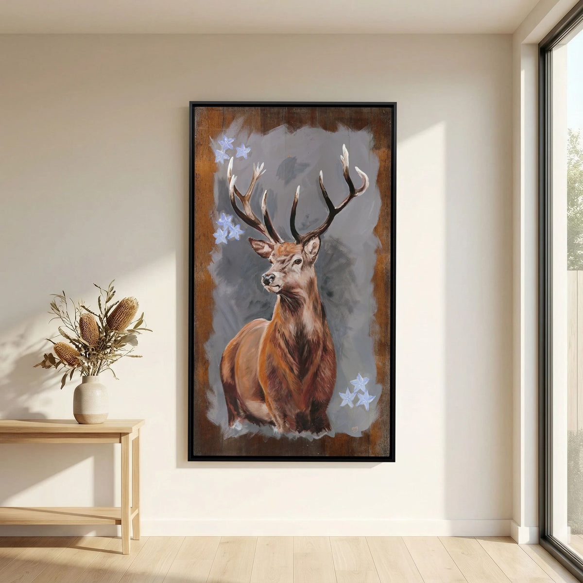 The Stag red deer canvas print displayed on a neutral wall in a light-filled room