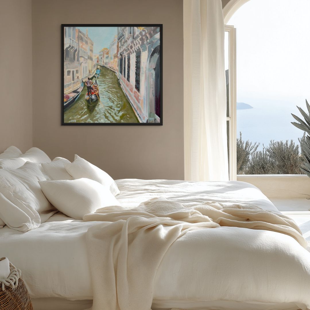 Venice canal framed canvas print wall art in bedroom with sea view window, Mediterranean decor style