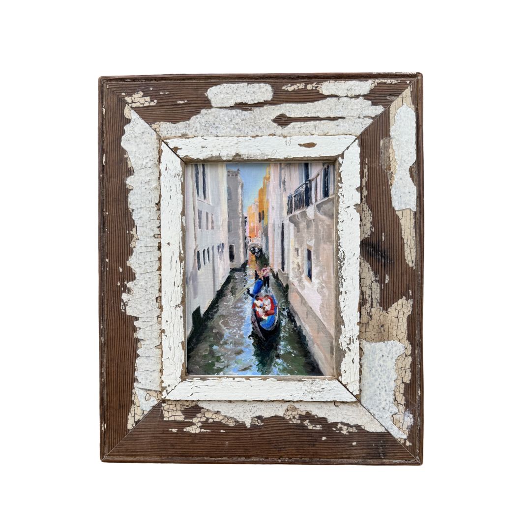 Original Venice gondola oil painting in reclaimed rustic wooden frame by Lorraine Field Art