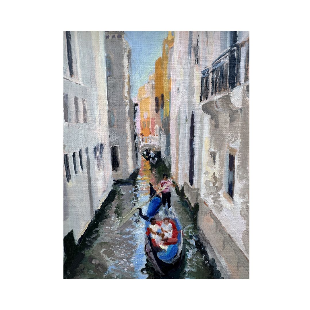 Framed original oil painting of a gondola on a quiet Venice canal by Lorraine Field Art