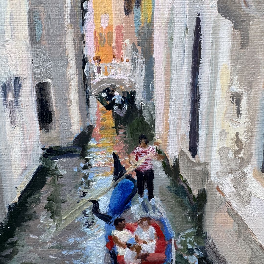 Close-up detail of original Venice gondola oil painting showing expressive brushwork and reflected light on the canal