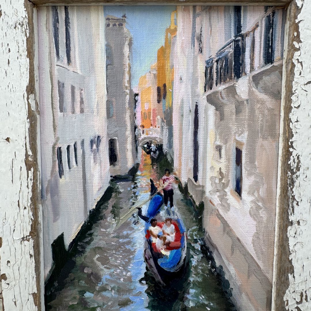Original Venice gondola painting displayed in a weathered reclaimed wooden frame