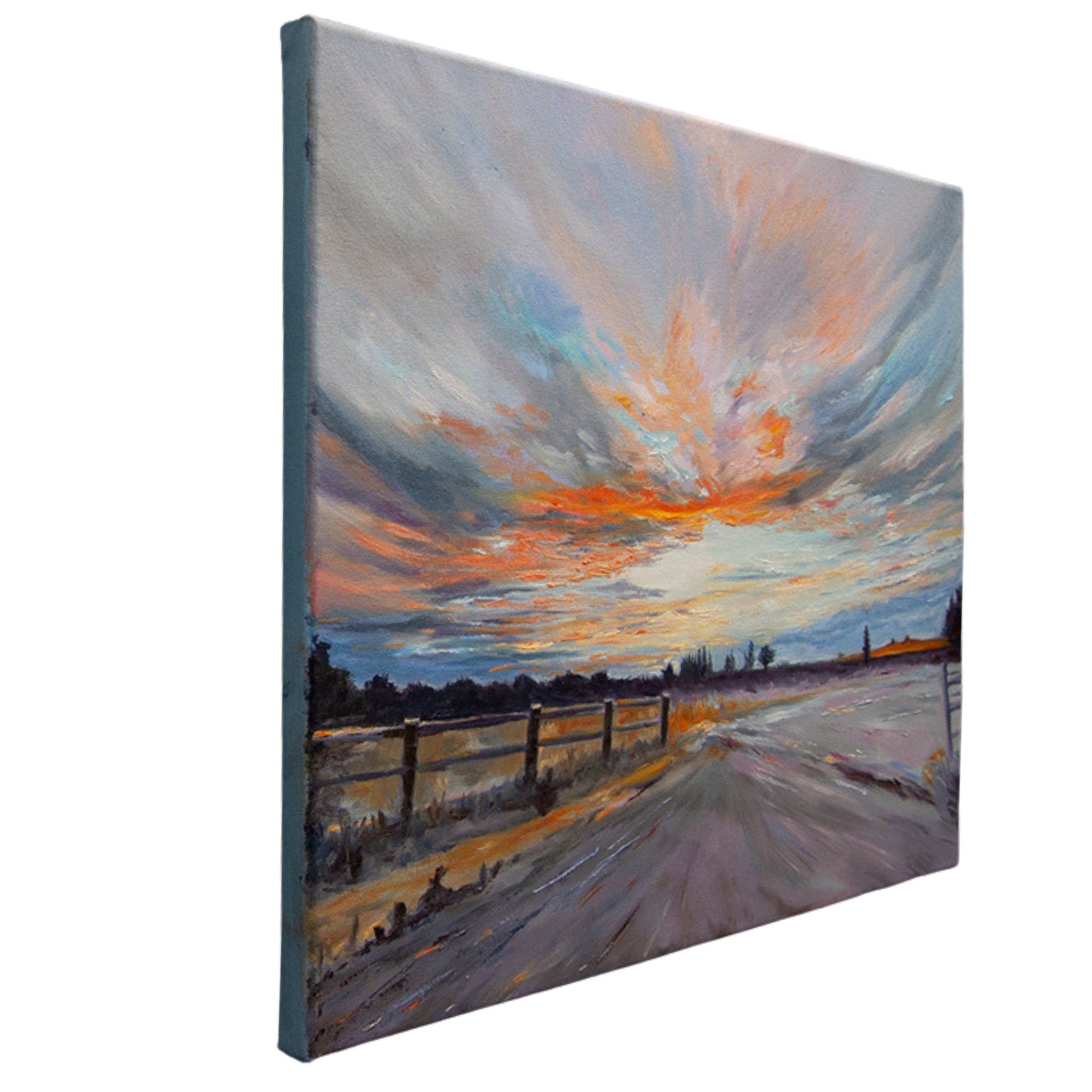 Framed original landscape oil painting inspired by sunrise over the Warwickshire countryside