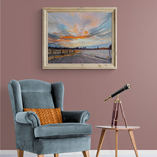 Original Warwickshire landscape oil painting featuring a glowing sunrise sky over the countryside.