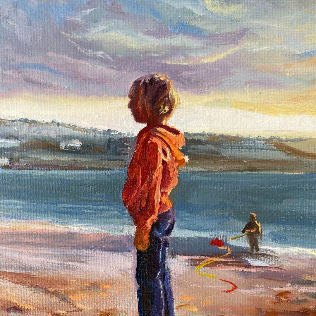 Close-up of a child in an orange top beside the sea on Porthmeor Beach in Cornwall in 'Will You Play?' oil painting, showing the oil brushwork.