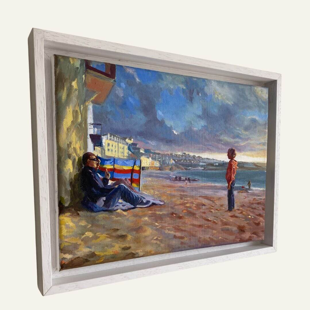 Will You Play? Porthmeor beach oil painting viewed at an angle, showing the white frame and its depth.