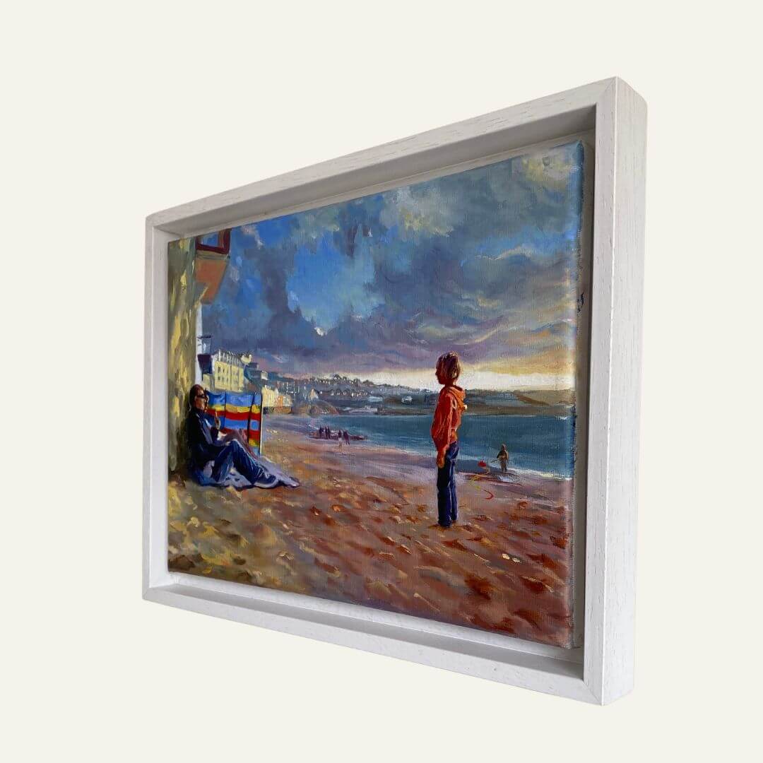 Will You Play? Porthmeor beach oil painting viewed at an angle, showing the pale frame and its depth.