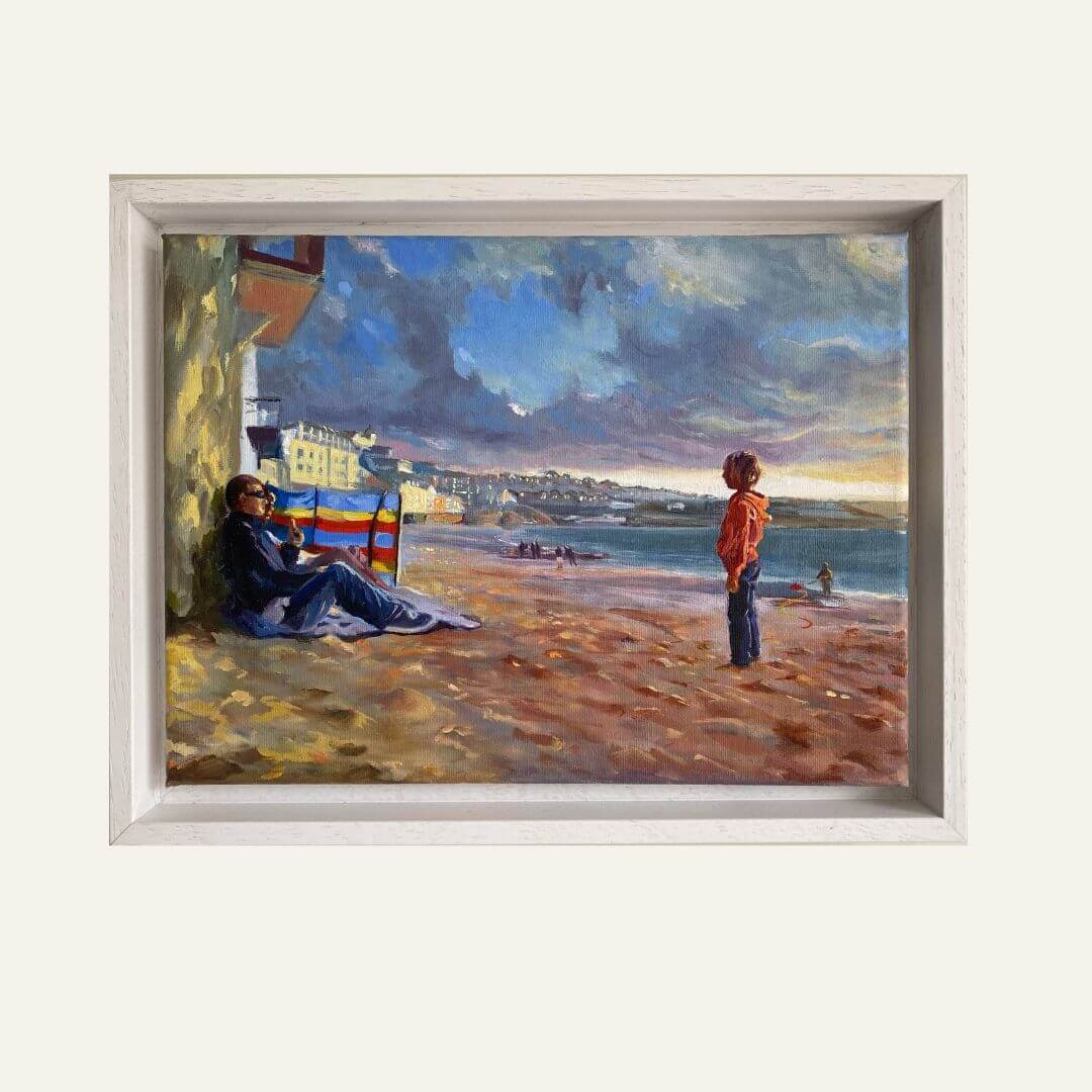 Framed Will You Play? original oil painting of a child standing near a seated adult on Porthmeor Beach, St Ives.