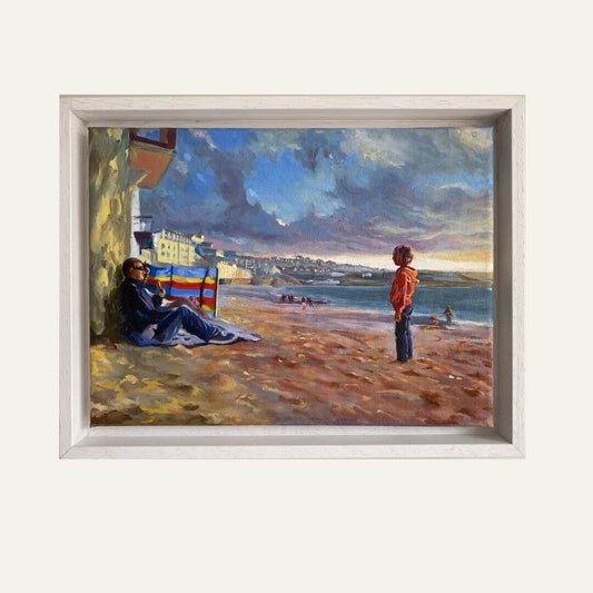 Framed Will You Play? original oil painting of a child standing near a seated adult on Porthmeor Beach, St Ives.
