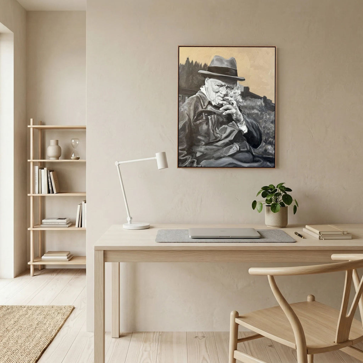 Winston Churchill framed canvas print displayed above a wooden console table in a neutral interior.