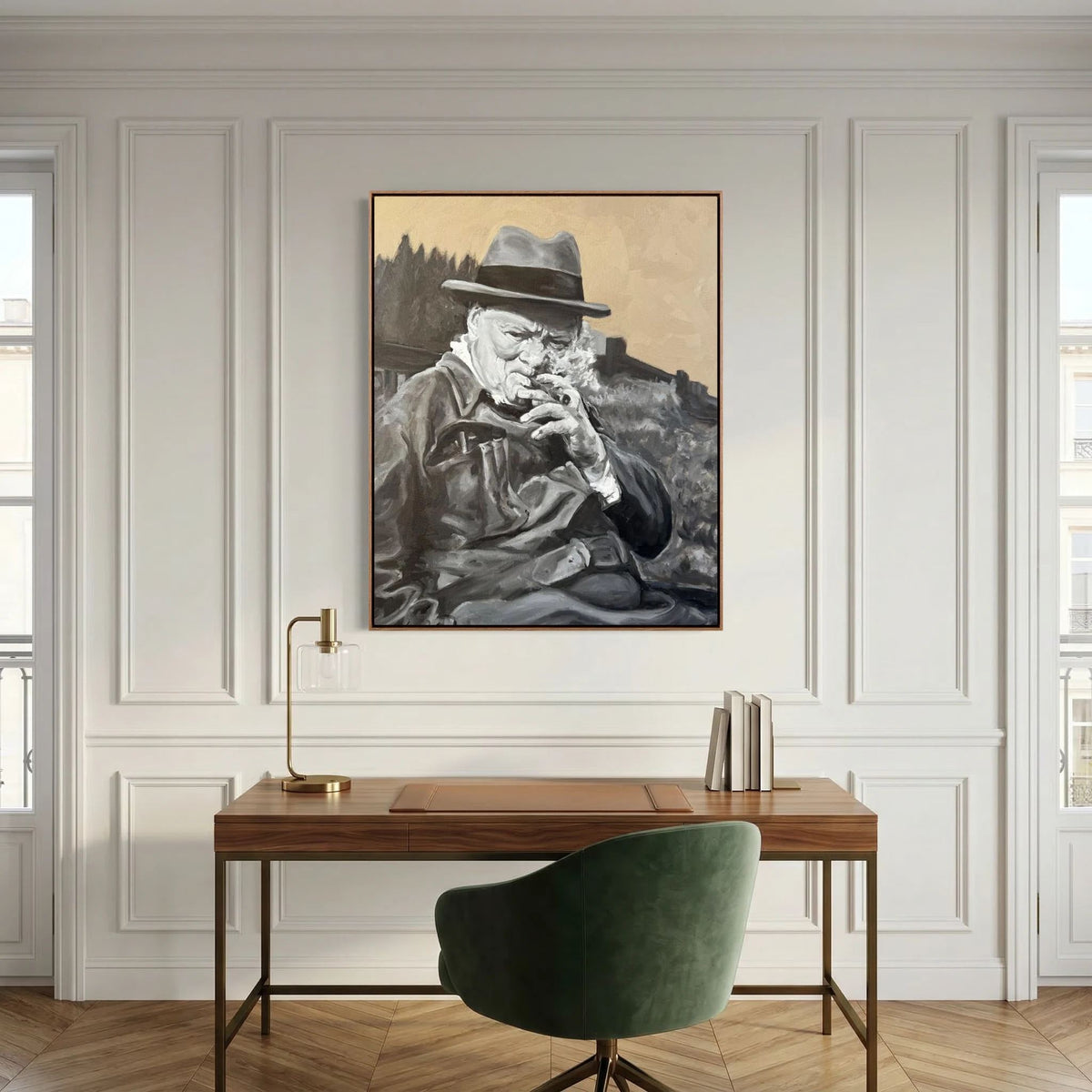 Winston Churchill portrait canvas print by Lorraine Field above a wooden desk with a green chair against a white panelled wall.
