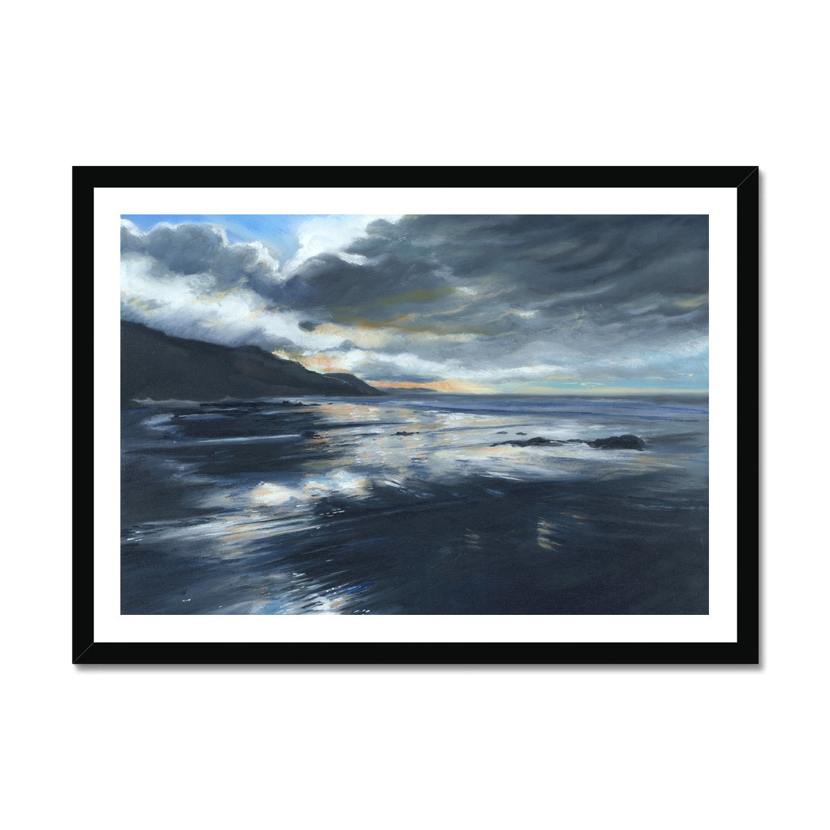 Fine art print blue and dark grey colours, of Stormy Seas in Cornwall in black frame option