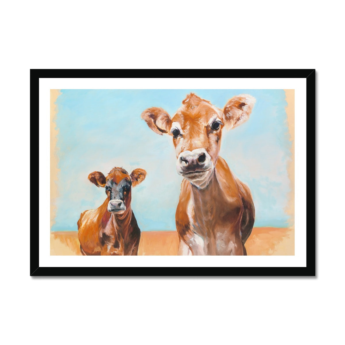 Jersey Cow art print in black frame option on white background