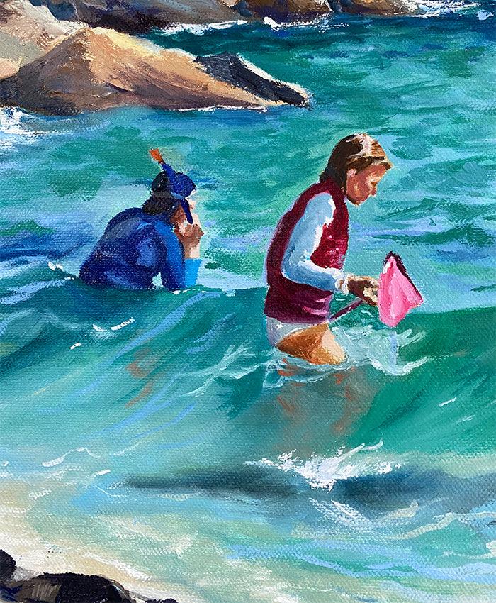 Children's net fishing days out in Cornwall, original oil painting - lorrainefield