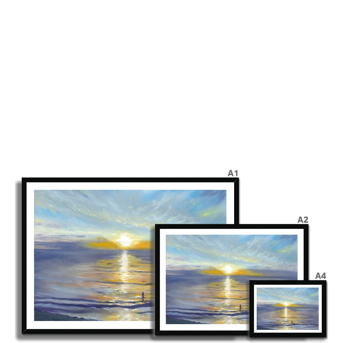 Peaceful ocean scene print with woman wading into calm sunrise water