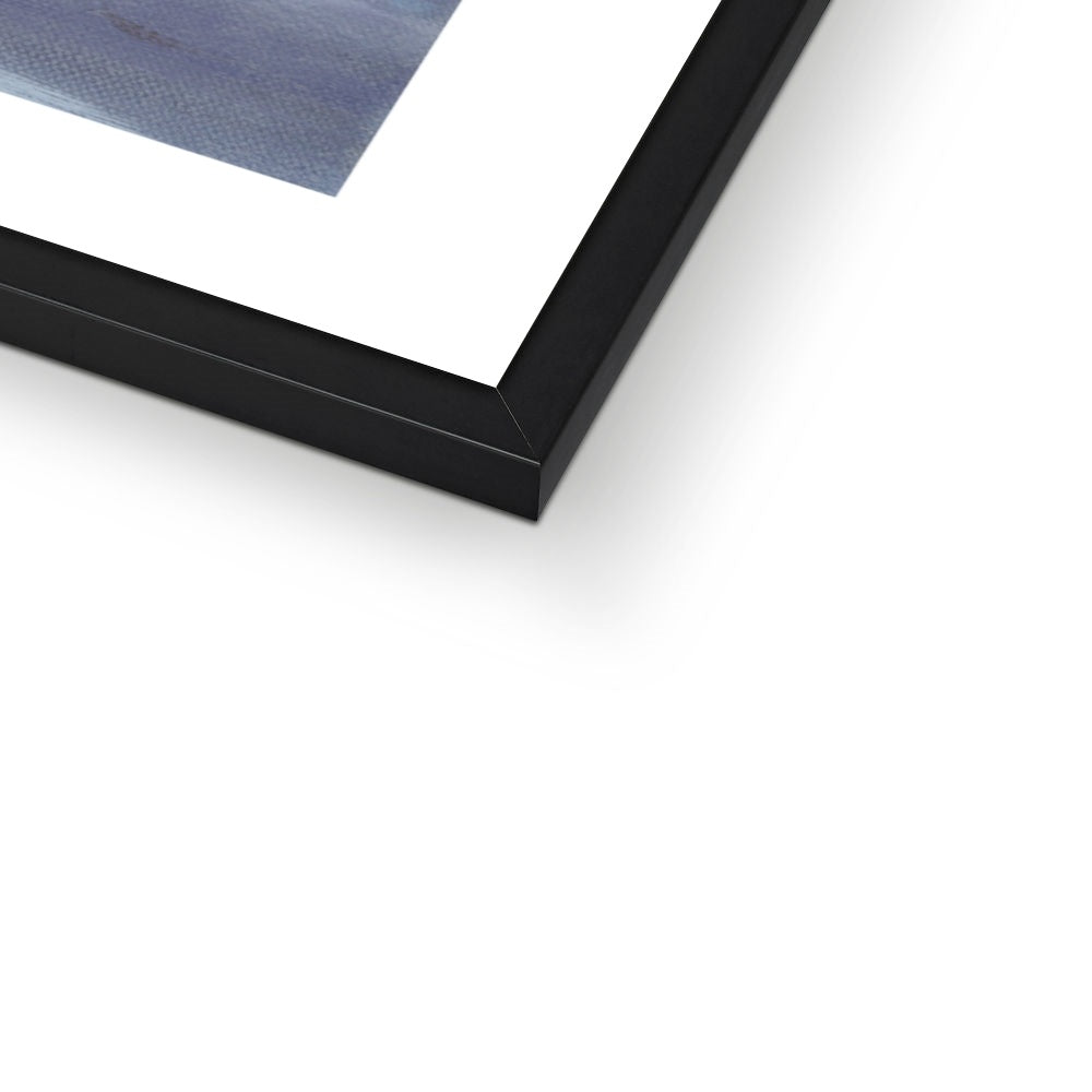 Woman entering sea at sunrise – emotional and reflective art print black frame close up