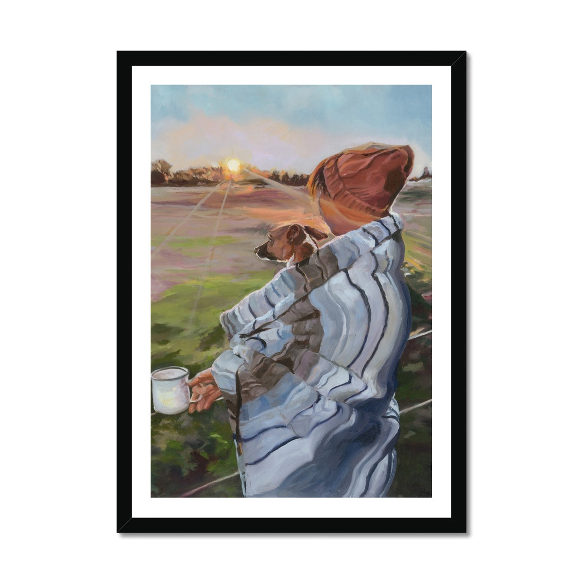 Dog painting in black frame - Sunrise with the Pup Fine Art Print - lorrainefield