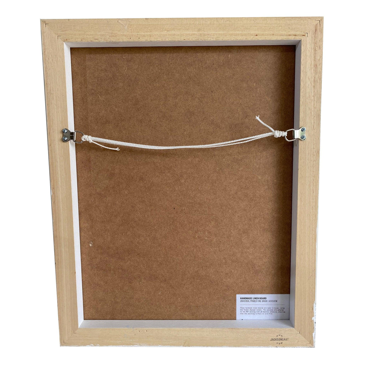 Back of the framed Mama oil painting, showing the backing board, wooden frame and attached hanging wire.