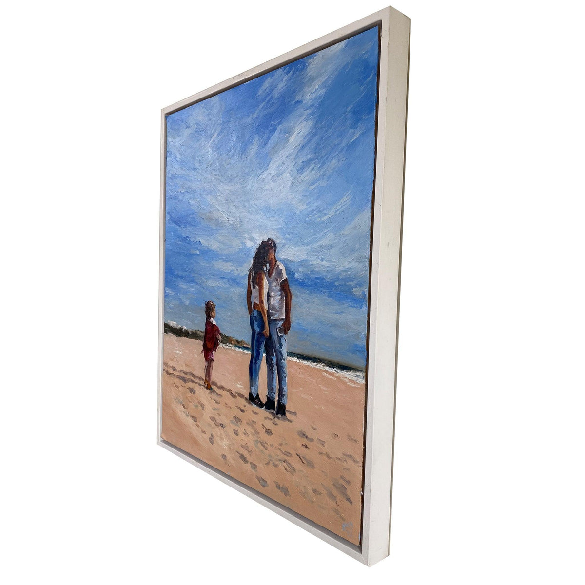 Angled view of Mama by Lorraine Field, showing the beach scene and the opposite edge of the white wooden float frame.