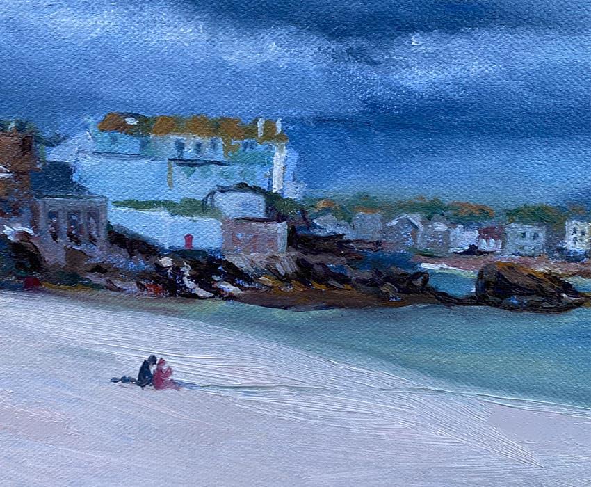 Close-up detail of moody Cornwall beach painting with dramatic skies over St Ives.