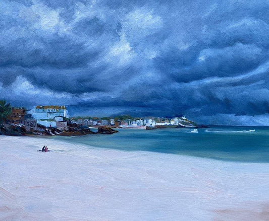 Atmospheric oil painting of couple beneath umbrella on Porthminster Beach in St Ives.