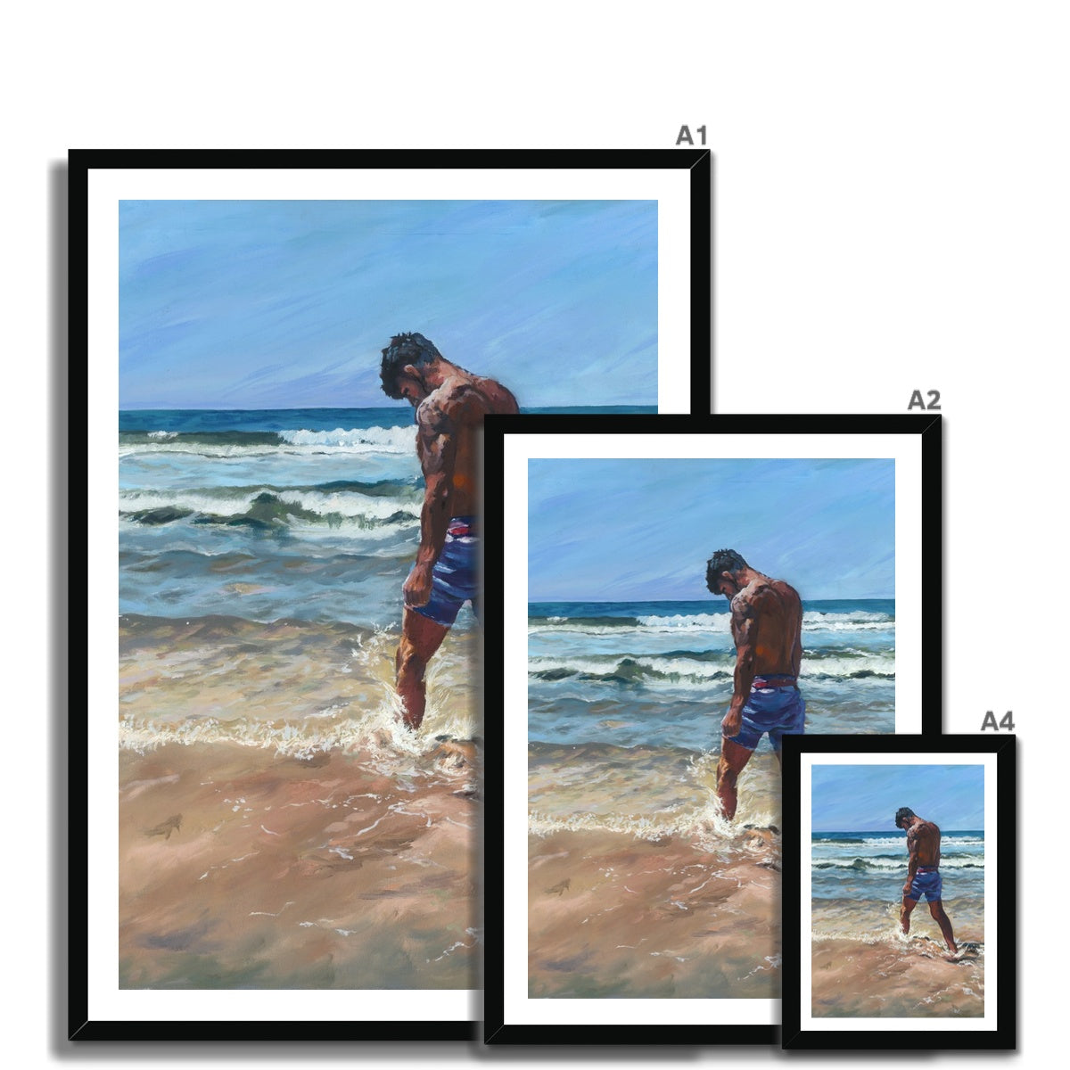 Size guide showing multiple versions of the Surf Love coastal fine art print in different sizes for home interiors and wall art styling inspiration.
