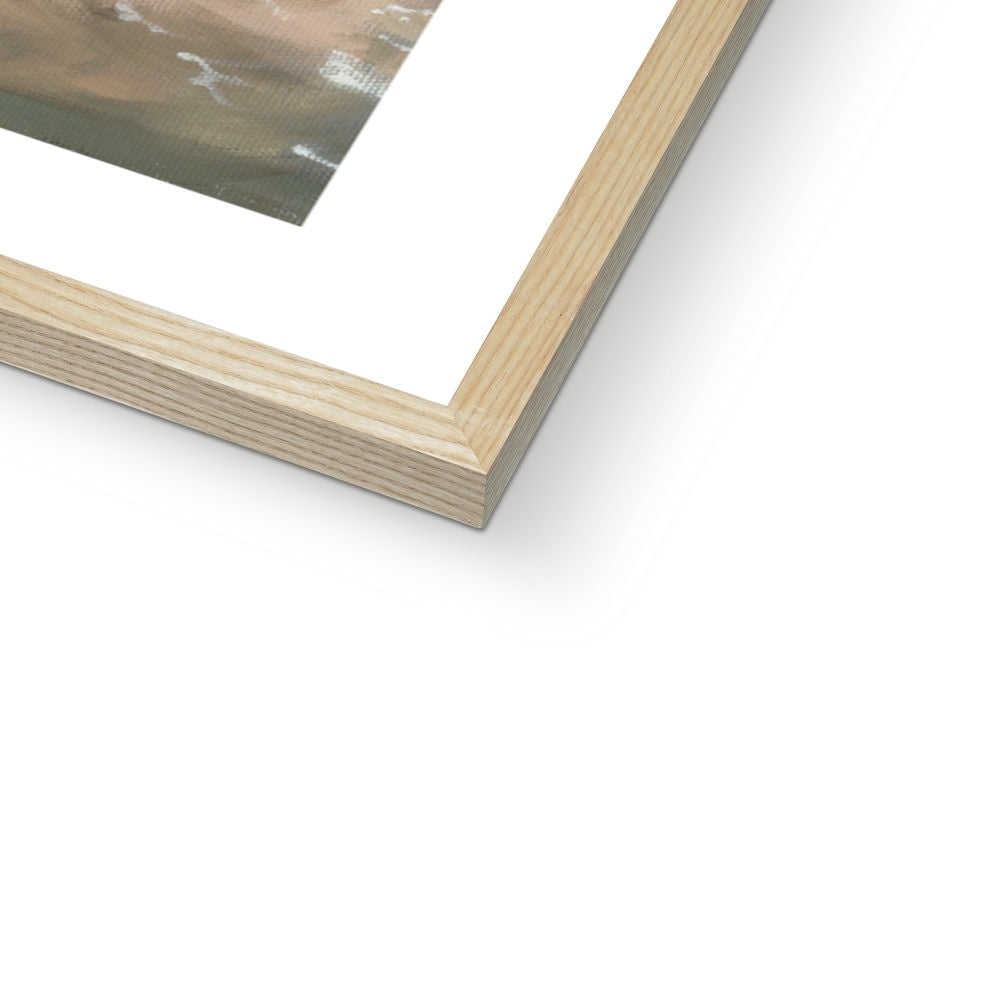 Close-up of the natural wood frame option for the Surf Love Cornwall coastal fine art print, highlighting warm wood texture and framing detail.