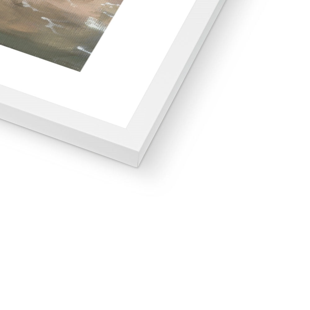 Close-up detail of the white frame option for the Surf Love coastal fine art print, showing frame texture and premium wall art finish.